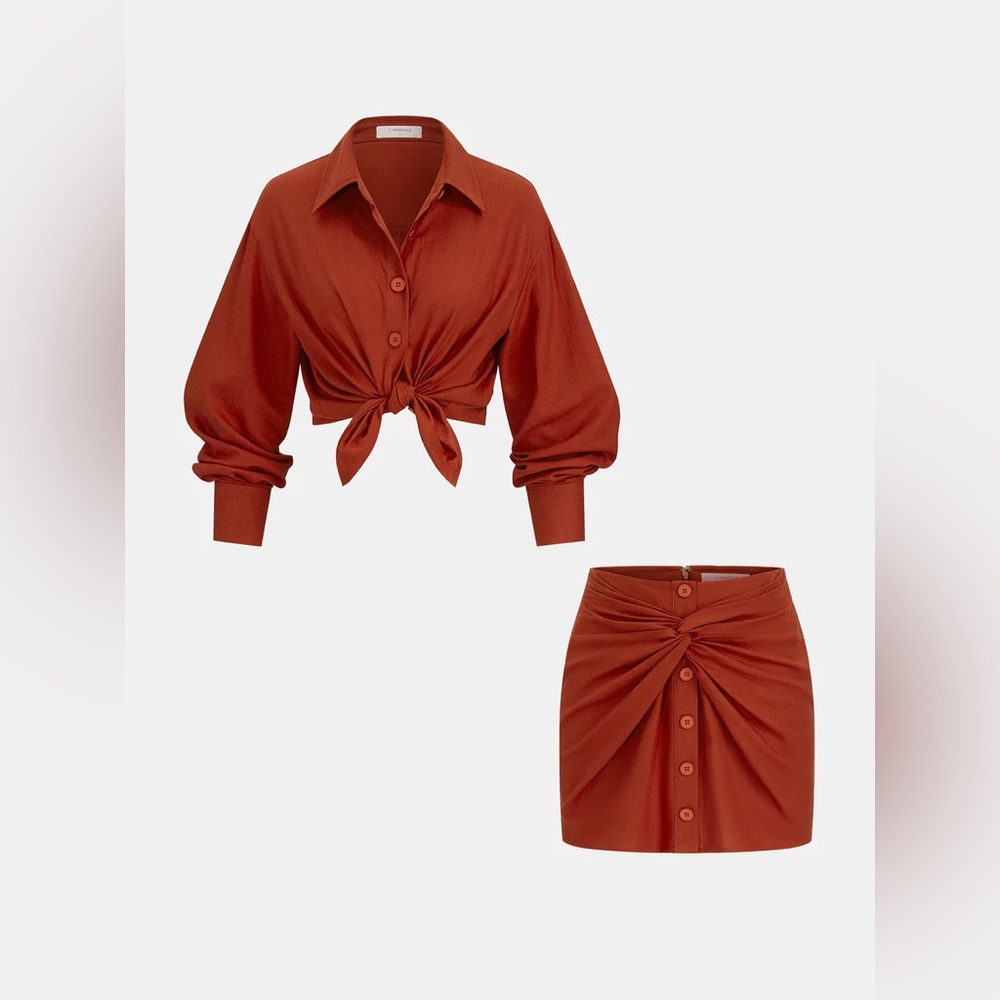 COMMENSE Linen Blend Knot Front Shirt and Mini Skirt Set